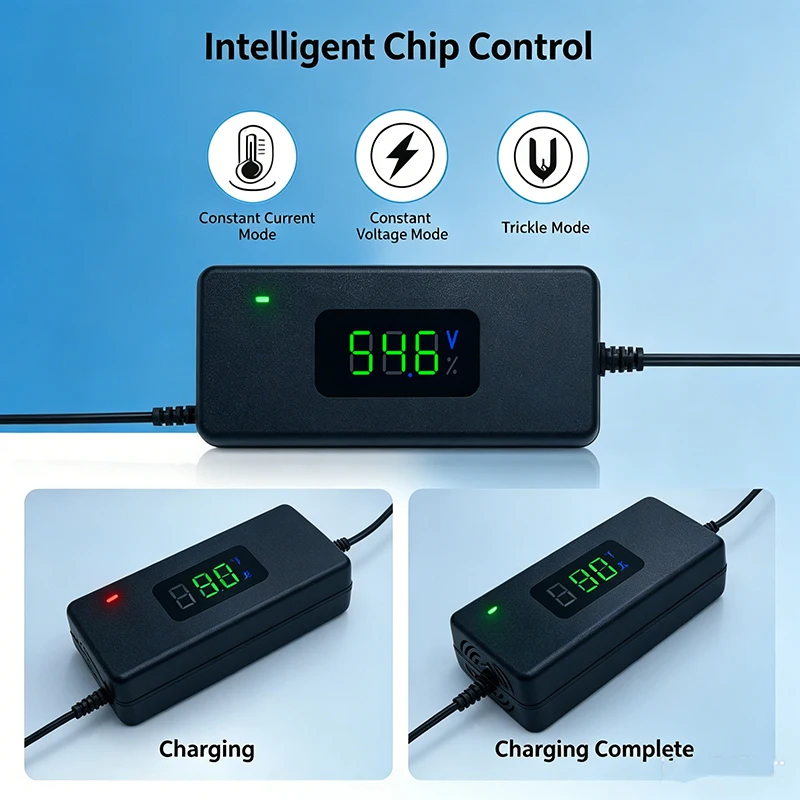 36V 42V / 48V 54.6V 2A 디지털 디스플레이 리튬 배터리 충전기 DC 플러그 AC100-240V 전원 공급 어댑터(냉각 팬 포함) EU US