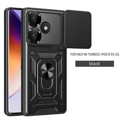 Durable Armor Case with Car Magnet Holder and Slide Lens Protector for Poco F6 (Black)