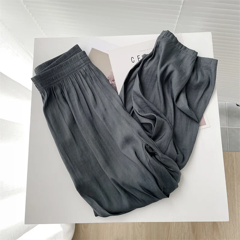 Summer Thin Loose Wide-leg Pants Women's Ice Silk Casual Pants Elegant Elastic Waist Straight Trousers Lady Sport Pants