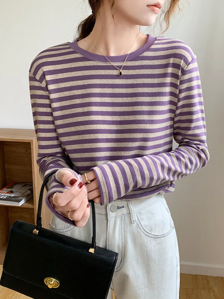 

Женская хлопковая футболка в полоску, с круглым вырезом и длинным рукавом