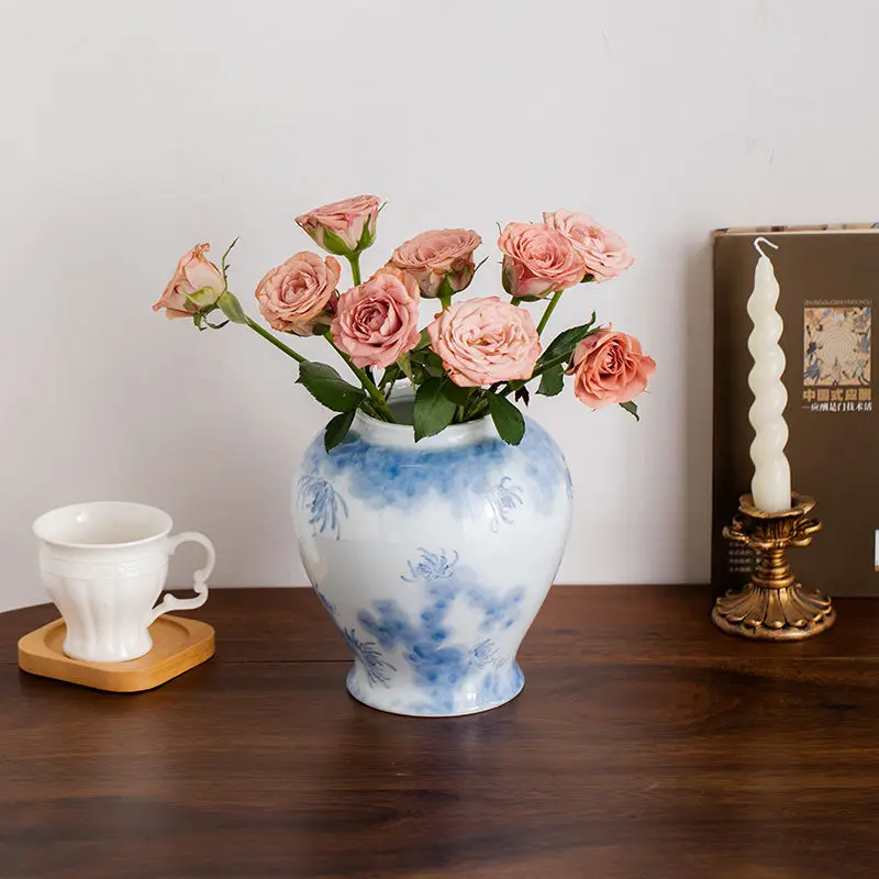 

Hand-painted Blue and White Porcelain, Retro Ceramics, Large Vase, Decorative Dried Flowers, Living Room Flower Arrangement