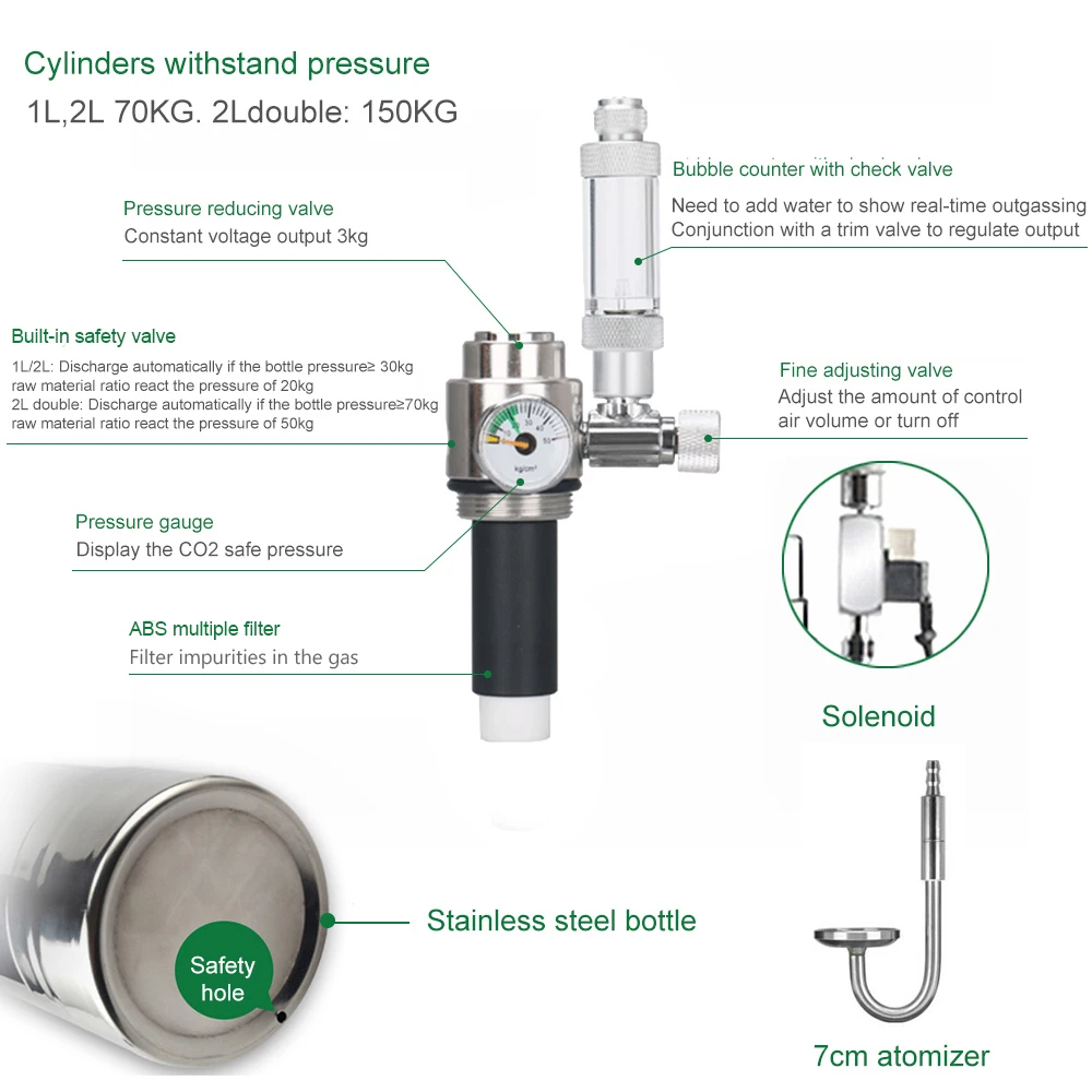 Aquarium CO2 Generator system co2 Kit Stainless Steel CO2 Cylinder Generator System Carbon Dioxide Reactor Kit Plants Aquarium co2 generator kit aquarium co2 generator