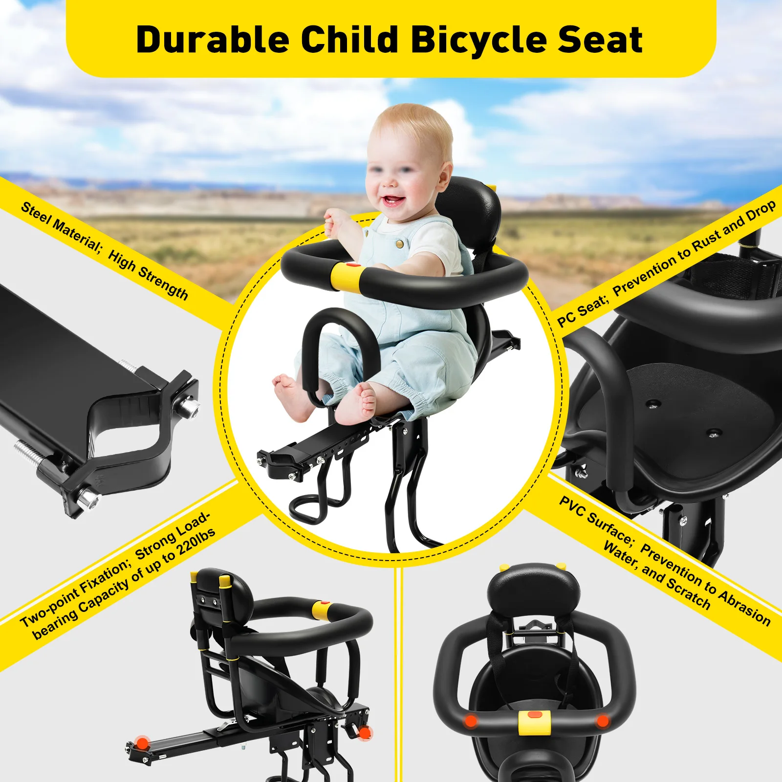 

Kids Bicycle Chair Carrier Baby Bike Safety Toddler Child Seat Front Mount Chair Portable with Foot Pedal Black