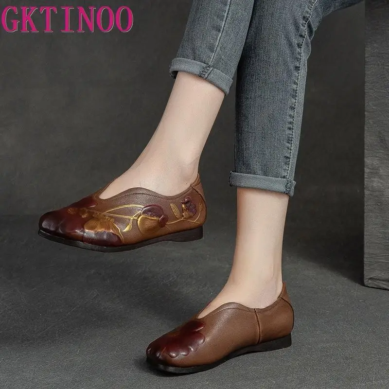 

GKTINOO 2024 New Genuine Leather Flats Women Shoes Round Toe Casual Shallow National Style Soft Handmade Concise Ladies Shoes