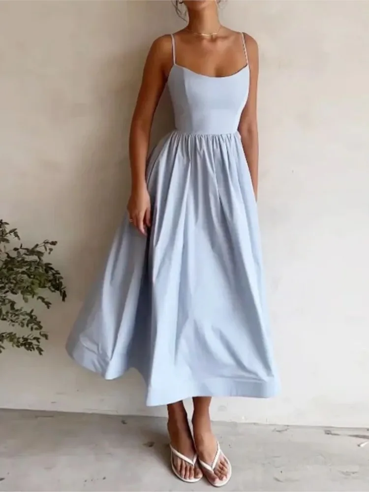 Sexy Solid Spaghetti Strap A-line Maxi Dresses Women Low Cut Sleeveless Big Skirt Dress Summer New Fashion Elegant Party Vestido