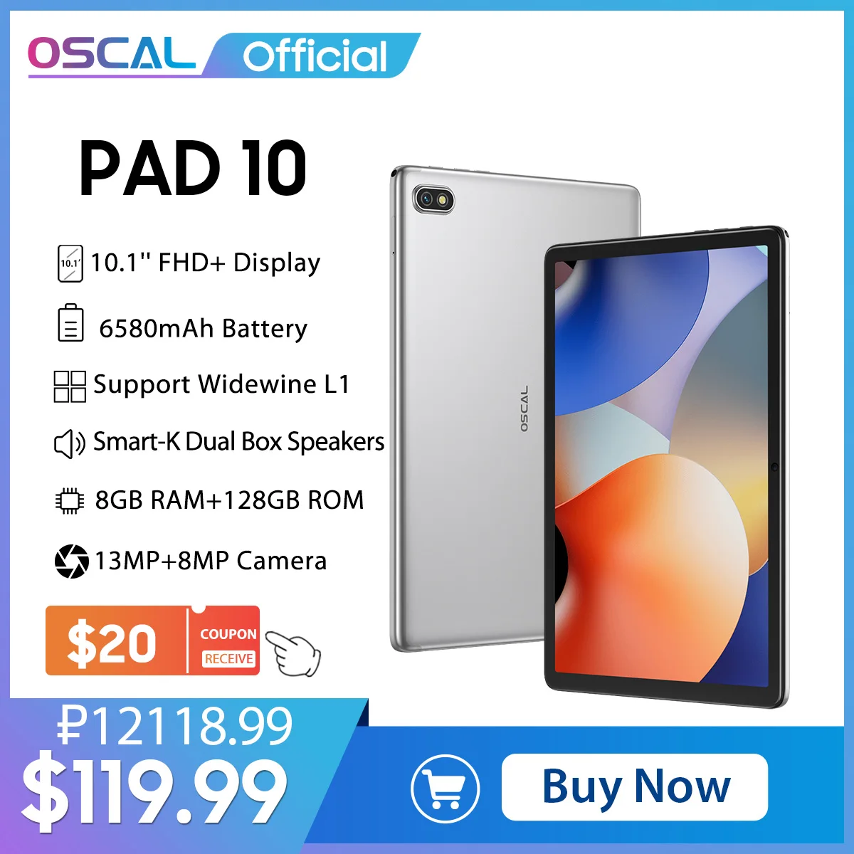 Планшет с 10,1-дюймовым дисплеем, восьмиядерным процессором, ОЗУ 8 Гб, ПЗУ 128 ГБ, 13 МП + 8 Мп, Android 12