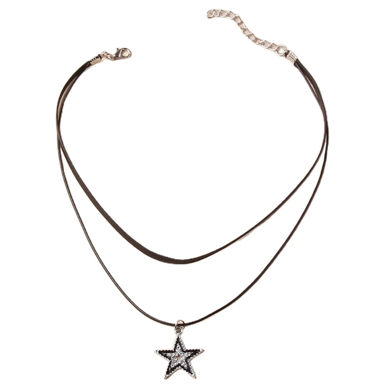 

Retro Leathers Rope Five-Pointed Star Necklace Female Hip-hop Cold Wind Sweater Clavicle Chain Neck Chain Accessories