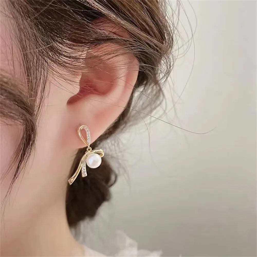 

DIY Pearl Ear Stud Accessories S925 Sterling Silver Jewelry Bow Tie Ear Studs Women's Empty Fit 7-9mm Beads