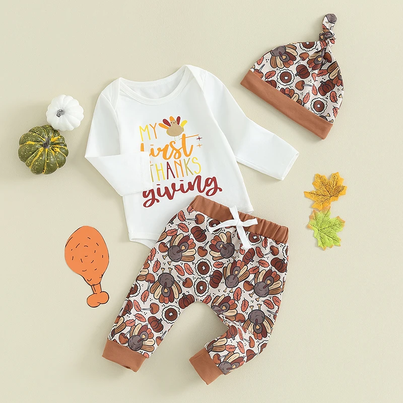 2023-08-24 Lioraitiin 0-18M Newborn Baby Boy Thanksgiving Outfits Turkey Long Sleeve Romper Turkey Pants Hat Infant Fall Clothes