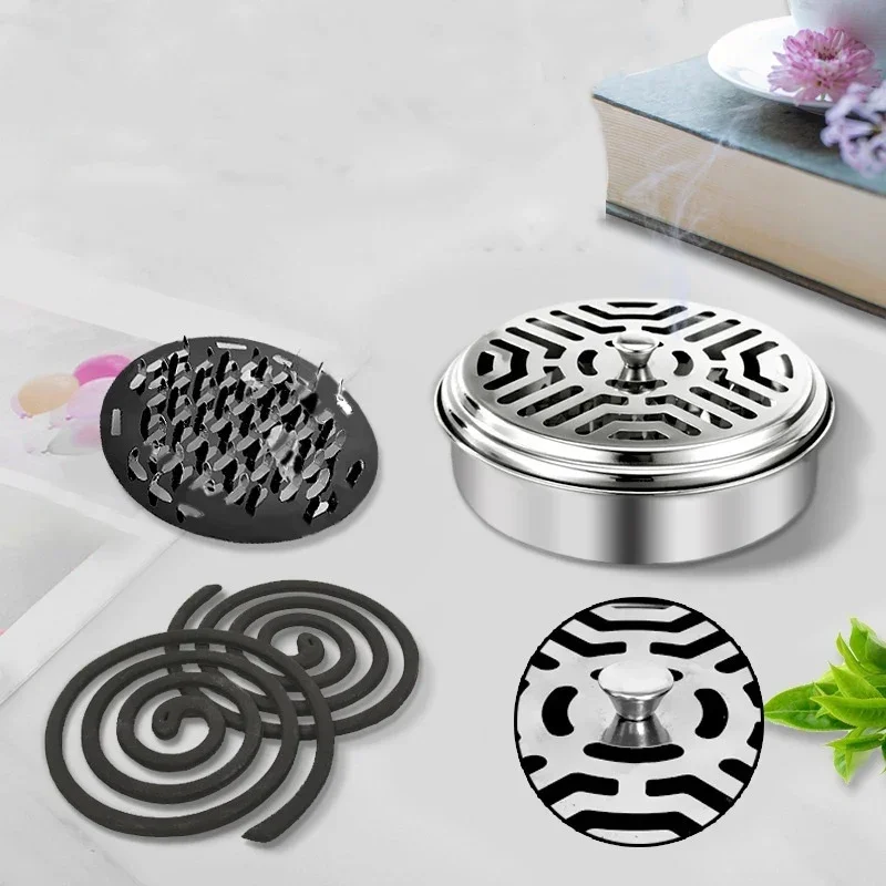 Mosquito Coils Holder Stainless Steel Mosquito Coil Box with Cover Round Mosquito Coil Tray Easy To Clean Anti-Mosquito Supplies