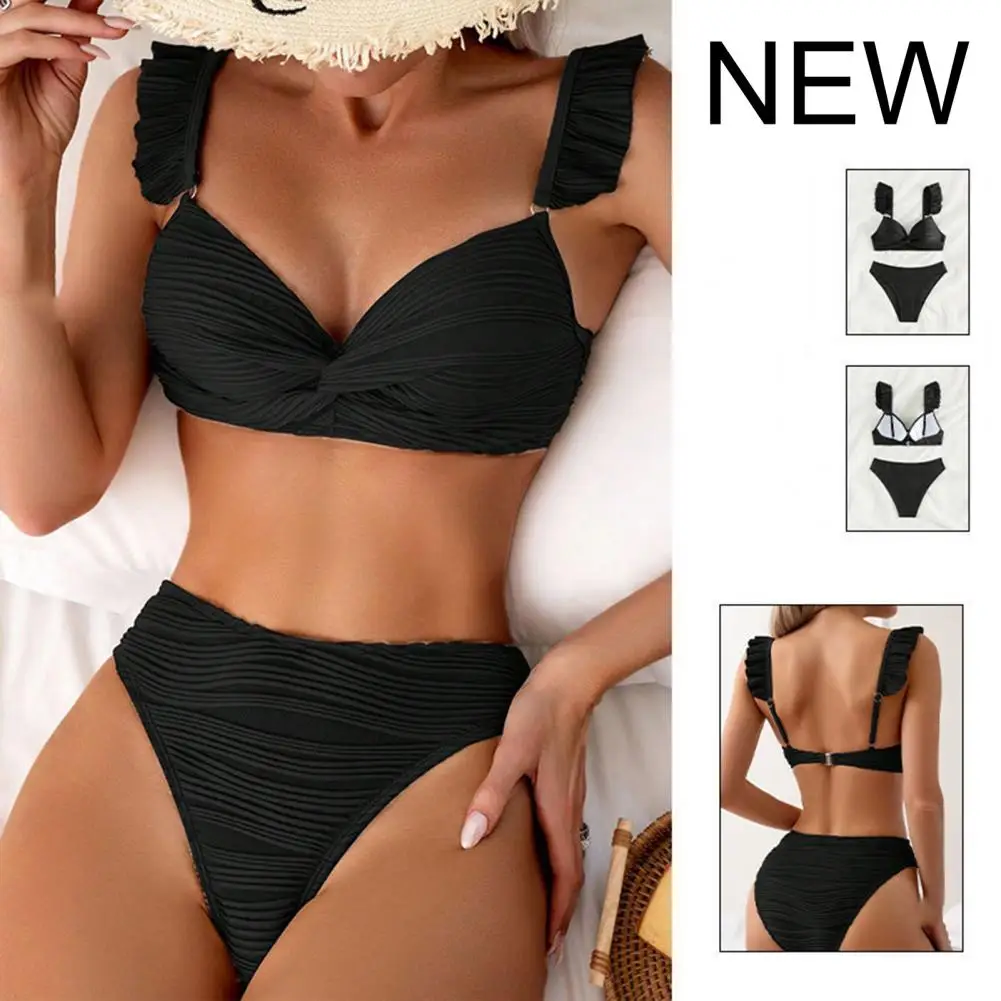 

Solid Color Bikini Set Stylish Ruffle Sleeve Bikini Set with High Waist Sexy Two Piece Swimsuit for Women Solid Color Triangle