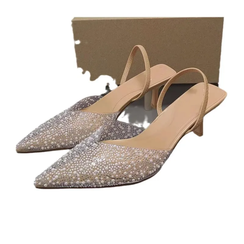 Summer Women High Heeled Sandals 2024 Fashion Pearl Decoration Slingback Woman Pumps Pointed High Heels Elegant Woman Shoes