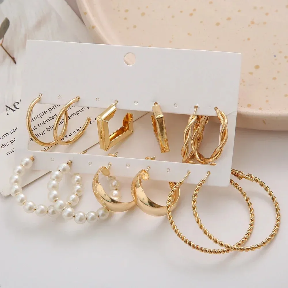 Ensemble de boucles d'oreilles créoles Boho Big Circle pour femmes, boucles d'oreilles en perles vintage de couleur or, clous d'oreilles en forme de cœur en zircon, bijoux cadeaux_voghion.com