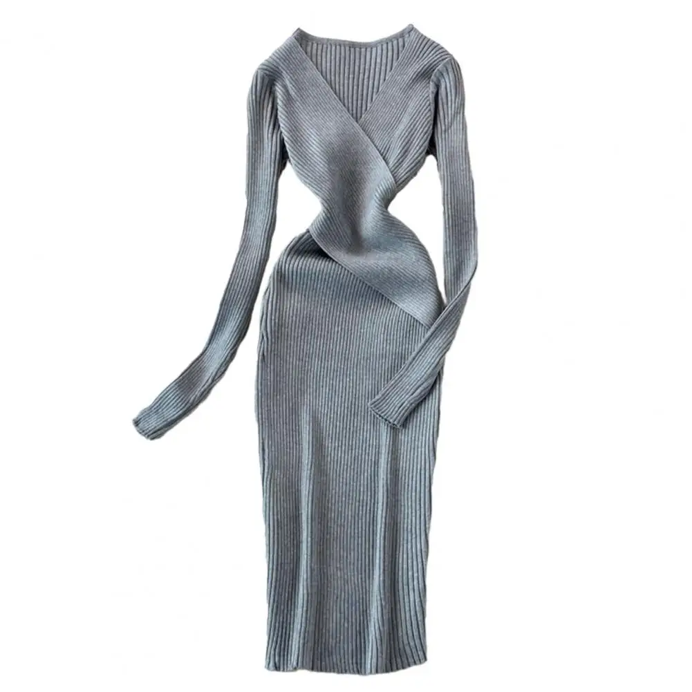 

Fall Spring Women Dress Knitted V Neck Skinny Elastic Striped Vintage Solid Color Tight Waist Long Sleeve Dress Party Prom Dress