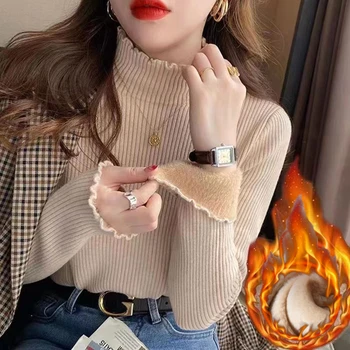الشتاء الياقة المدورة سترة تريكو المرأة أنيقة رشاقته المخملية اصطف البلوزات الدافئة بلوفر مغزول سليم القمم جيرسي البلوز جديد