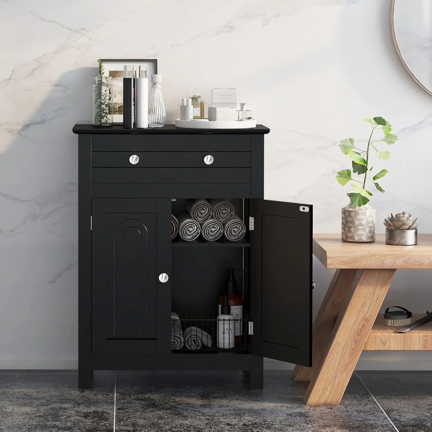 Bathroom Floor Cabinet, Wooden Side Storage Organizer w/Larger Drawer, Adjustable Shelf & 2-Door Cupboard,Freestanding Storage