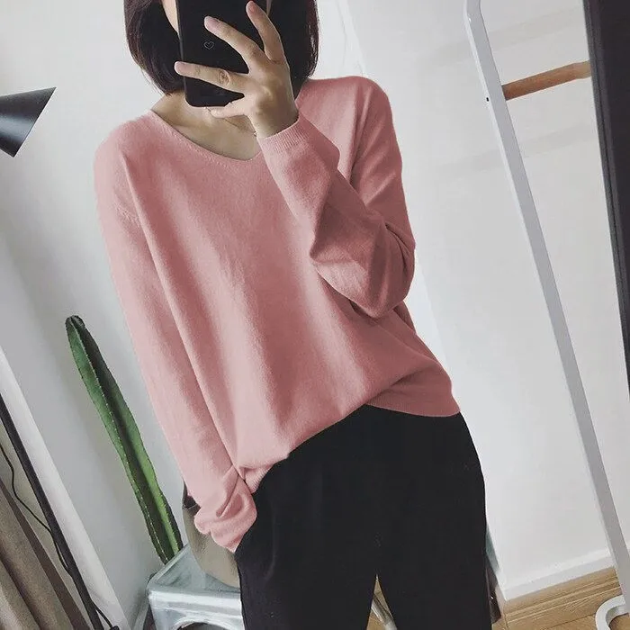 용수철 여성용 루즈 풀오버 얇은 베이스 브이넥 스웨터, 단색 긴팔, 블랙, 2023 신상