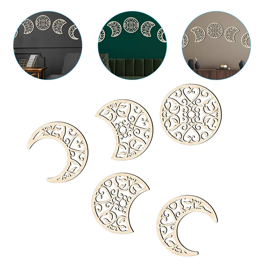 

5 Pcs Wall Sticker Moon Phase Wood Chip Decoration Boho Hanging Wooden Art Delicate