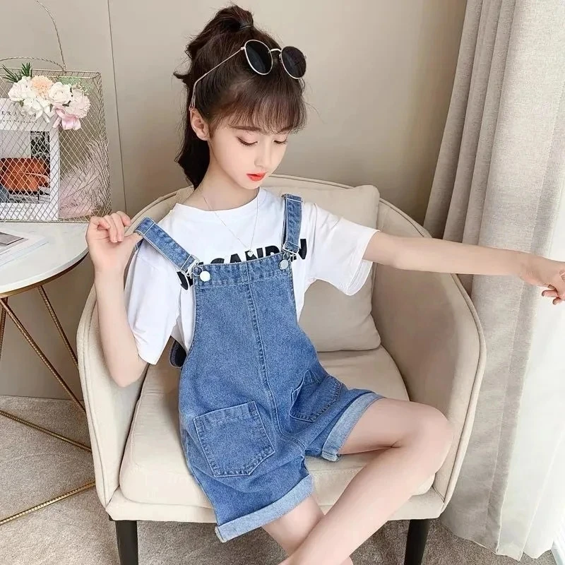 Children Overalls Pants Kids Outfits Baby Strap Shorts Summer Korean Version Slim Girls Capris Children's Jumpsuit Denim Shorts Adjustable Summer Pants