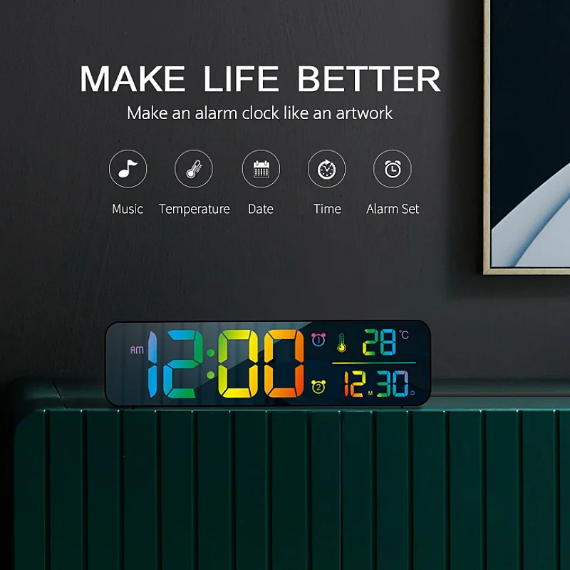 Description Picture 5 of itemLarge Music Digital Wall Clock Temperature Date 5 Level Brightness 12/24H 2 Alarms USB Powered Mirror LED Alarm Clock