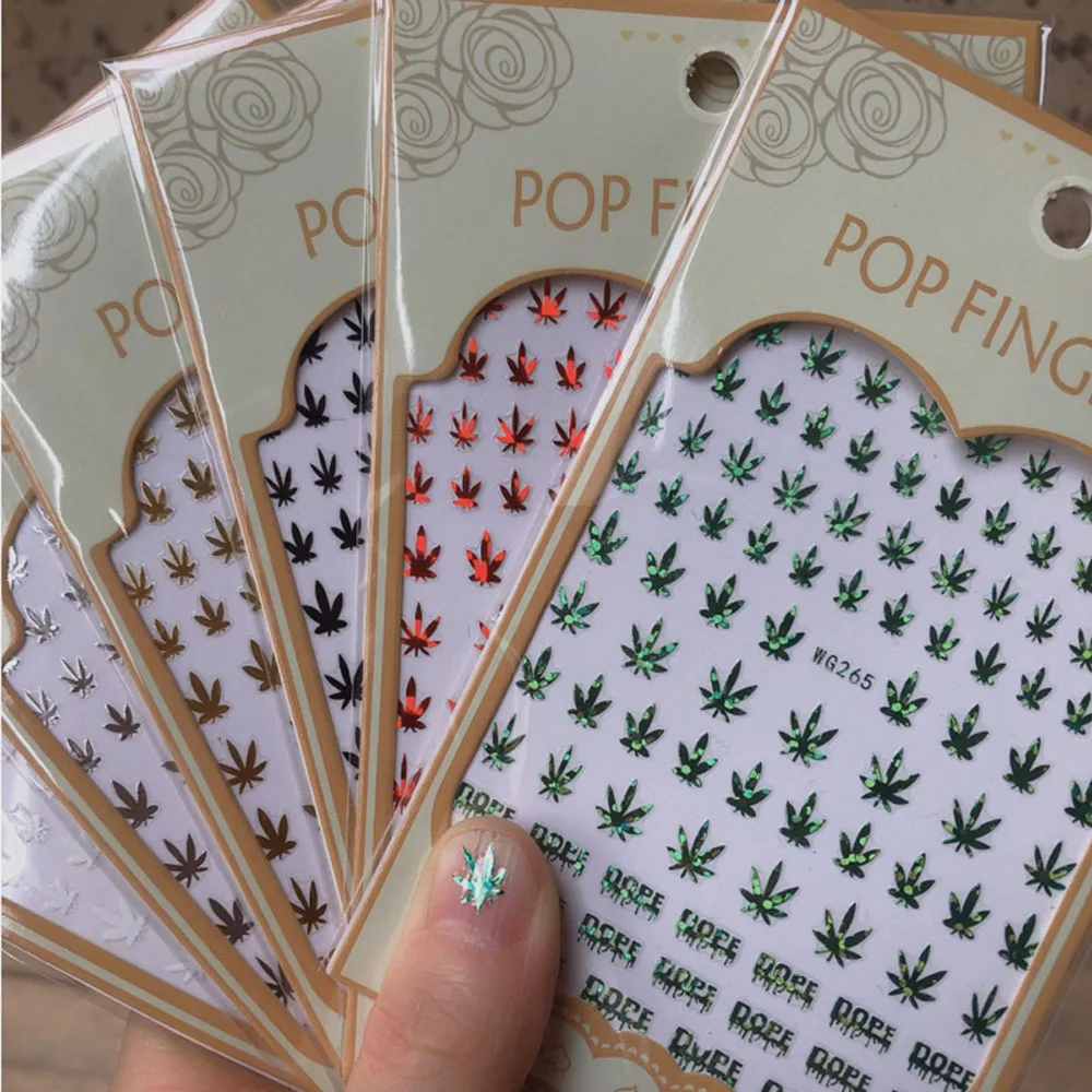 Holographic Girls Mixed DIY Nail Tips Acrylic Manicure Decoration Self Adhesive Nail Stickers Weed Leaf Designs 4
