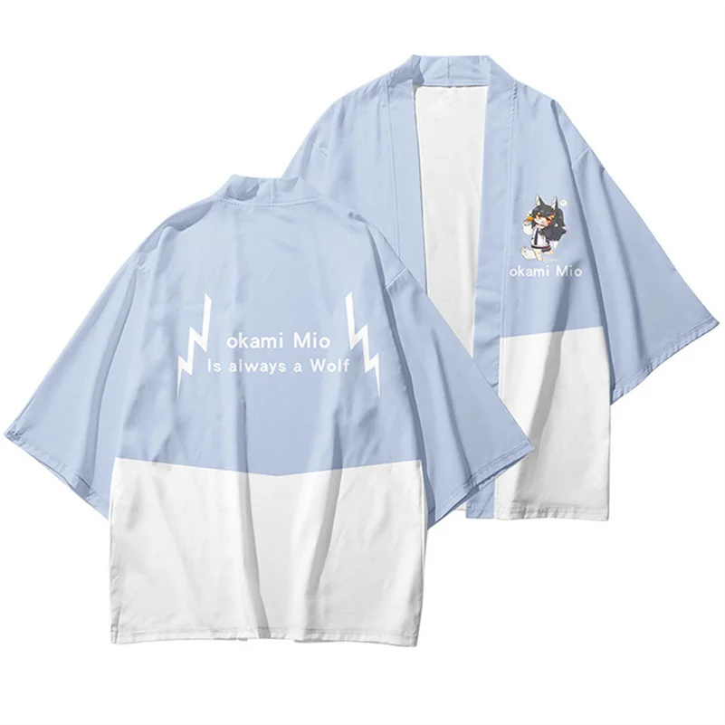 Hololive VTuber Ookami Mio Yukata Men Women Cardigan Loose Blouse Haori Obi Asian Clothes Harajuku Japanese Kimono Shirt