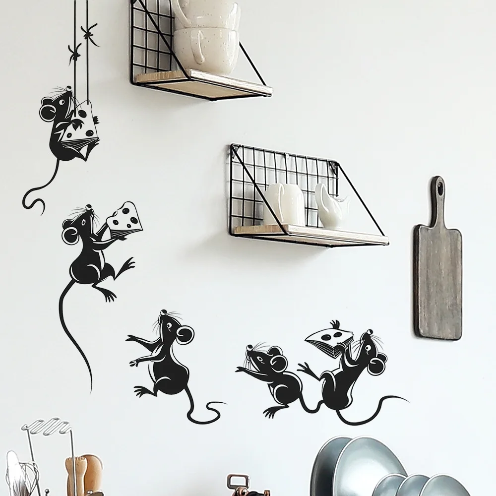 Cartoon Mouse Stealing Cheese Wall Stickers For Kitchen Restaurant Decoration Mural Room Cabinet Home Decor Self-adhesive Decals wall stickers,self adhesive stickers,kitchen wall sticker