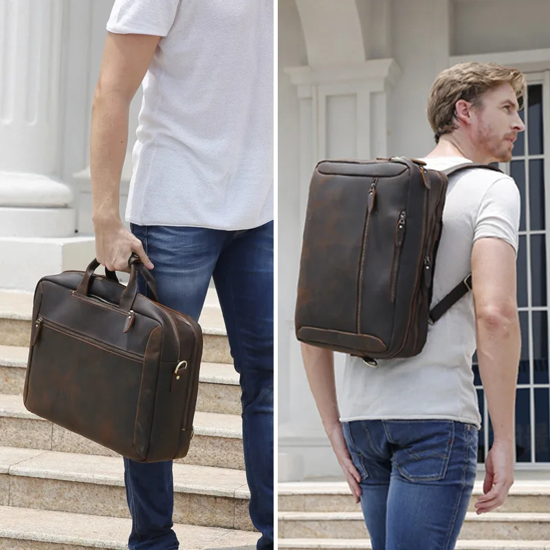 Мужской деловой портфель, Винтажный Мужской рюкзак из натуральной кожи 15,6 дюйма, многофункциональная сумка на плечо из воловьей кожи