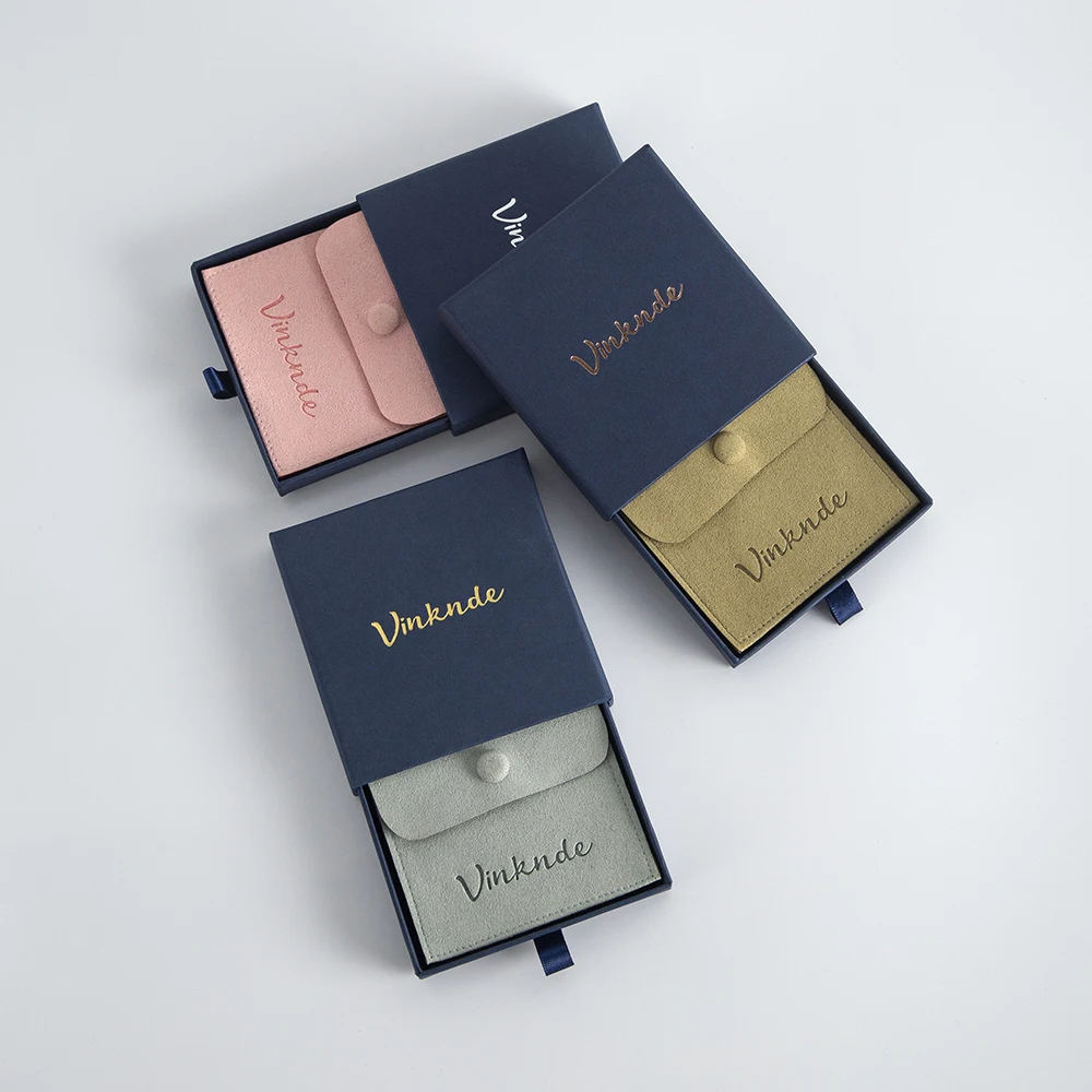 Custom Logo Blue Package Box Snap Suede Jewelry Earring Pouch  Microfiber Jewelry Gift Pouches Bags Drawer Cardboard Boxes Case