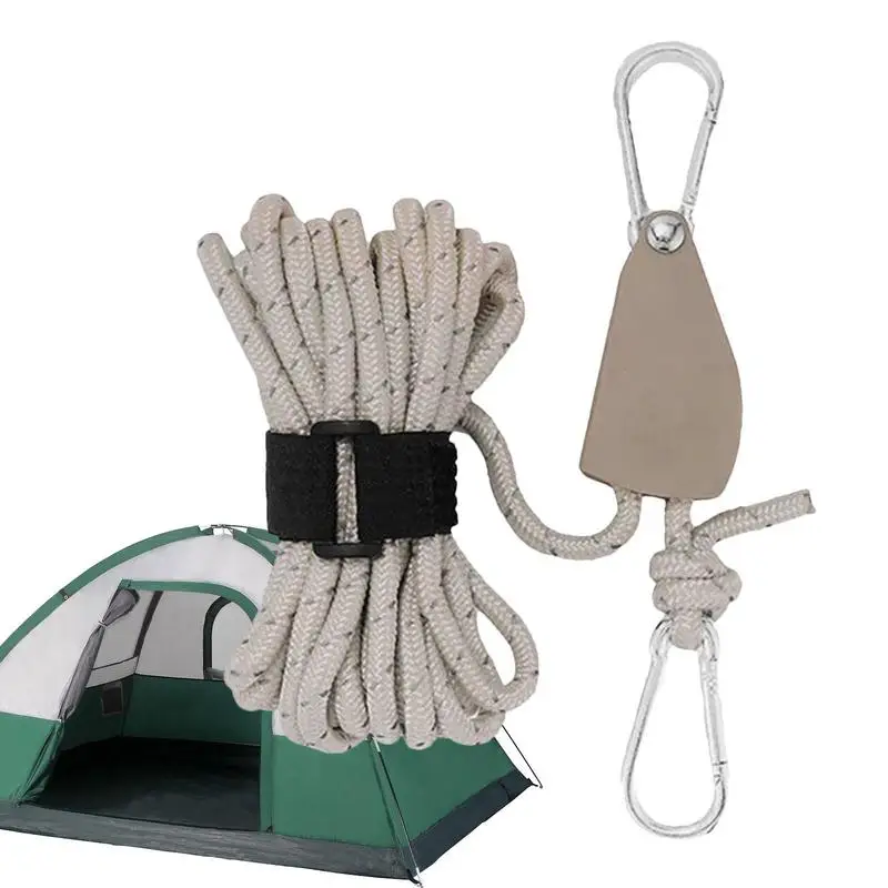 

Camping Tent Pulley Weatherproof Ratchet Pulley With Reflective Line Waterproof Camping 5m Rope Rooftop Fast Fixer Pulley System