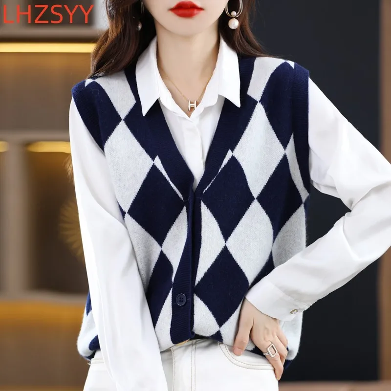 

LHZSYY Cashmere Knit Vest Jacket New Women's Patchwork Color Waistcoat Coat V-neck Fall/Winter 100%Pure Wool Sleeveless Sweater