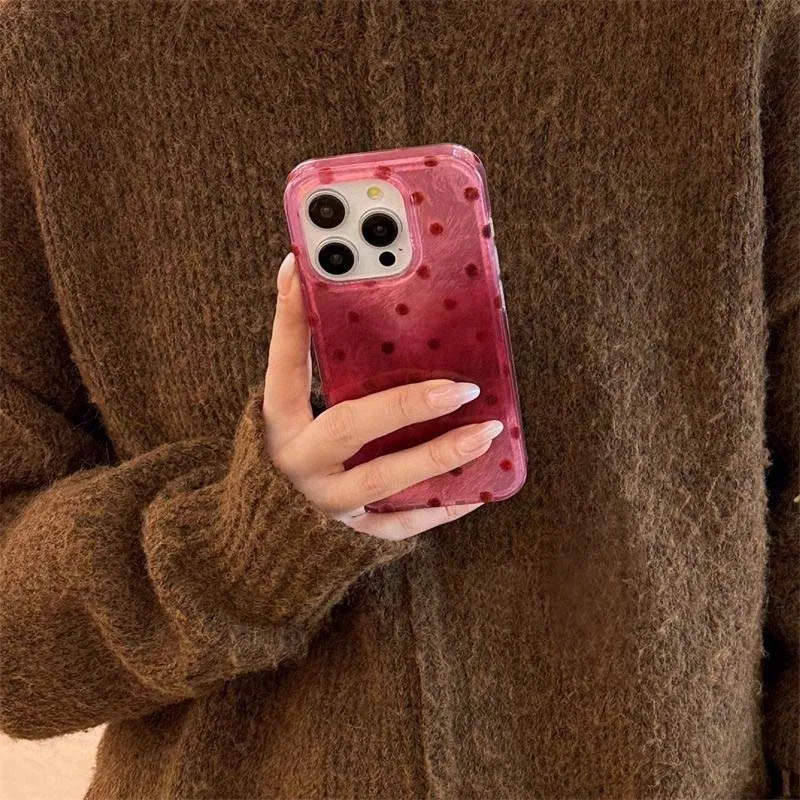 Whirlpool Pattern Berry Pink Polka Dot Phone Case with Fur Ball Hanging Rope