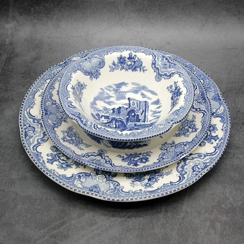 The Blue Britain Castles Dinner Set European Style Dinner Ware Ceramic Breakfast Plate Beef Dishes Dessert Dish Soup Bowl