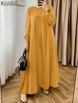 Fashion Muslim Dresses Abaya 2025 ZANZEA Women Elegant Long Lantern Sleeve Pleated Sundress Islamic Robe Eid Mubarek Hijab Dress