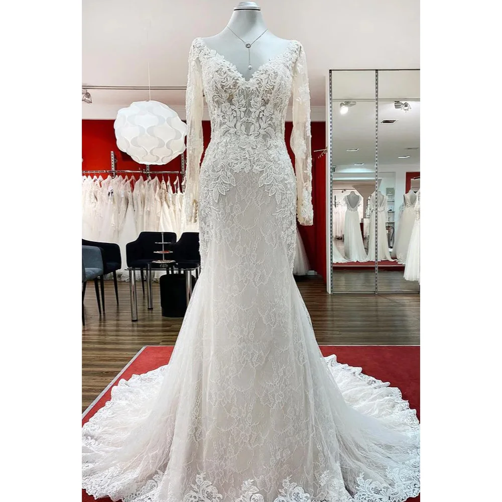 

Mermaid Ivory Lace Appliques Trumpet Wedding Dresses Chapel Train Custom Made Long Sleeves Tulle Floor-Length Bridal Gowns