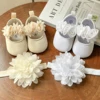 2pcs Baby Girls Flat Shoes With Flower Decor Princess Crib Shoes First Walker Shoes & Headband For Newborn Infant 1