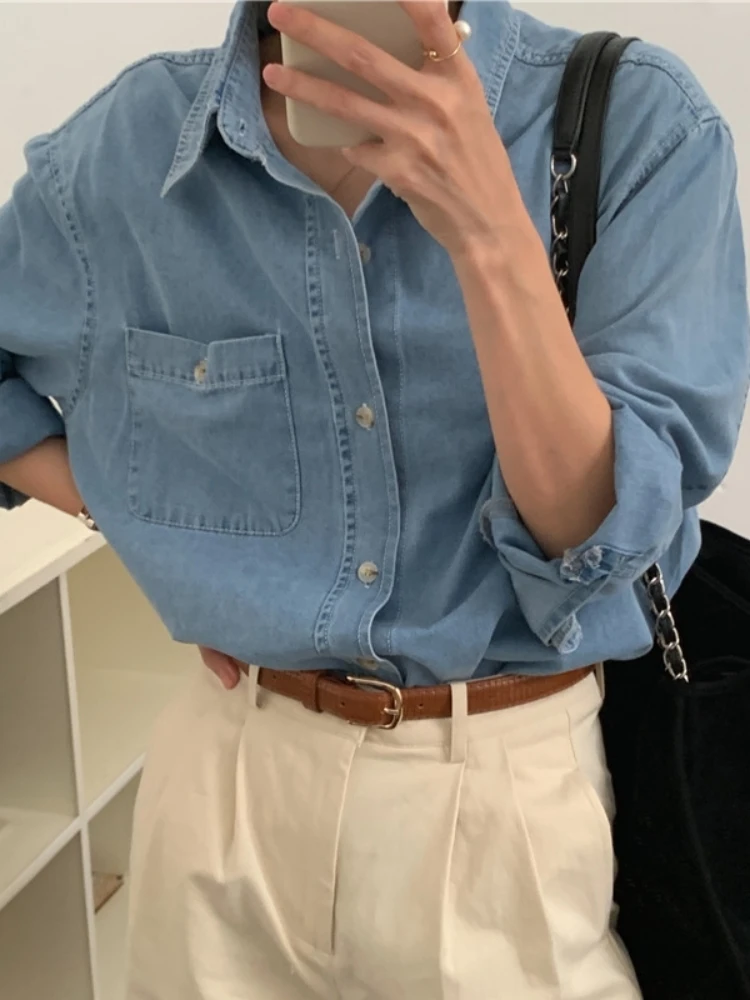 Women's Vintage Print Casual Hollow Denim Shirt