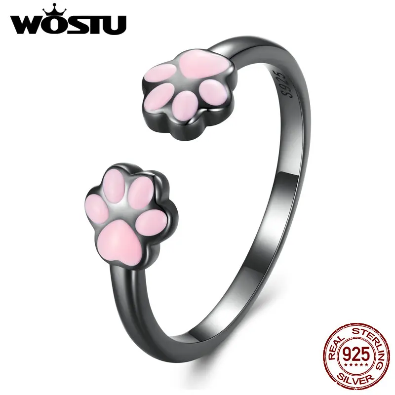 Wostu Real 925 Sterling Silver Lovely Cat Pink Paw Anelli Di Apertura Per Le Donne Lovely Animal Pet Ring Girl Unique Jewelry Gift R913