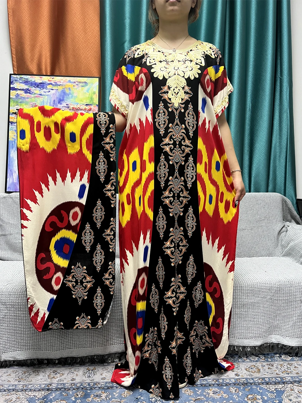Muslim Cotton Abayas For Women 2024 New Summer Fashion Printed Appliques Loose Femme Robe African Islam Dresses With Turban