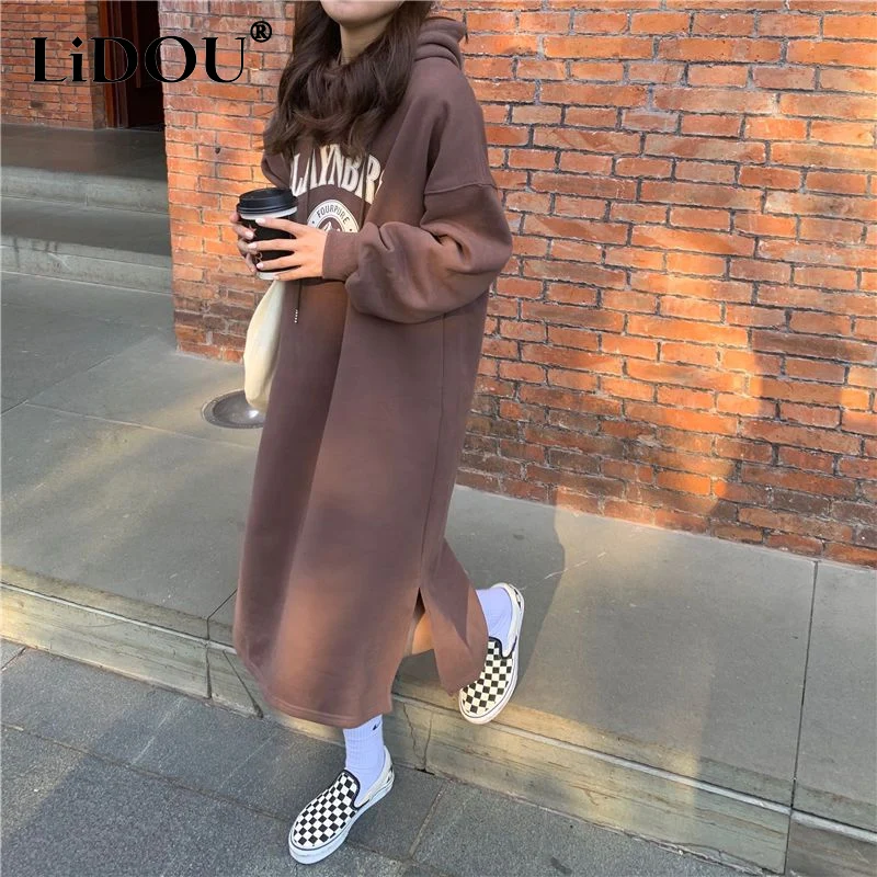 

Autumn Winter Solid Color Fashion Hooded Casual Dresses Women High Street Printing Drawstring Chic Plus Velvet Midi Dress