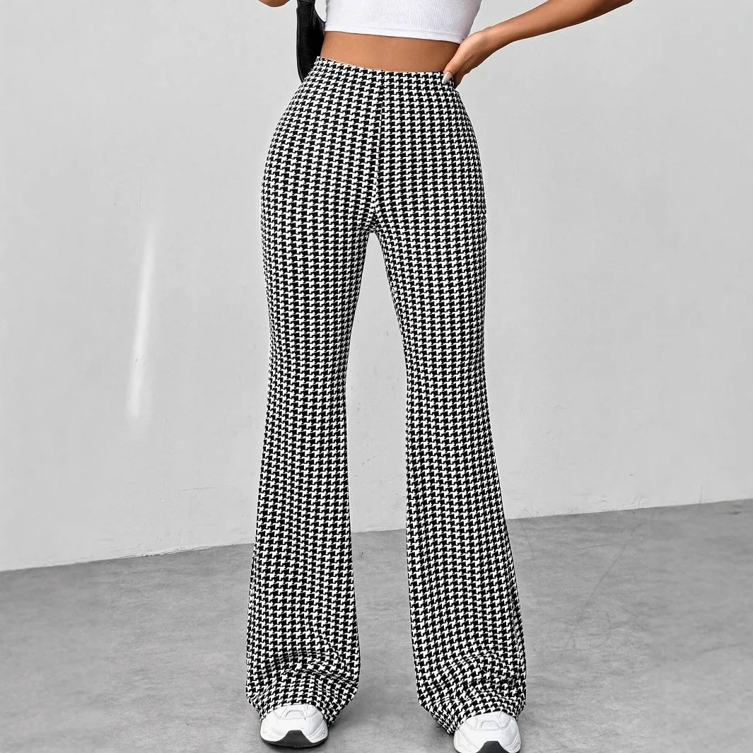 Women Black White Plaid Wide Leg Elastic Waist Vintage Flare Trousers