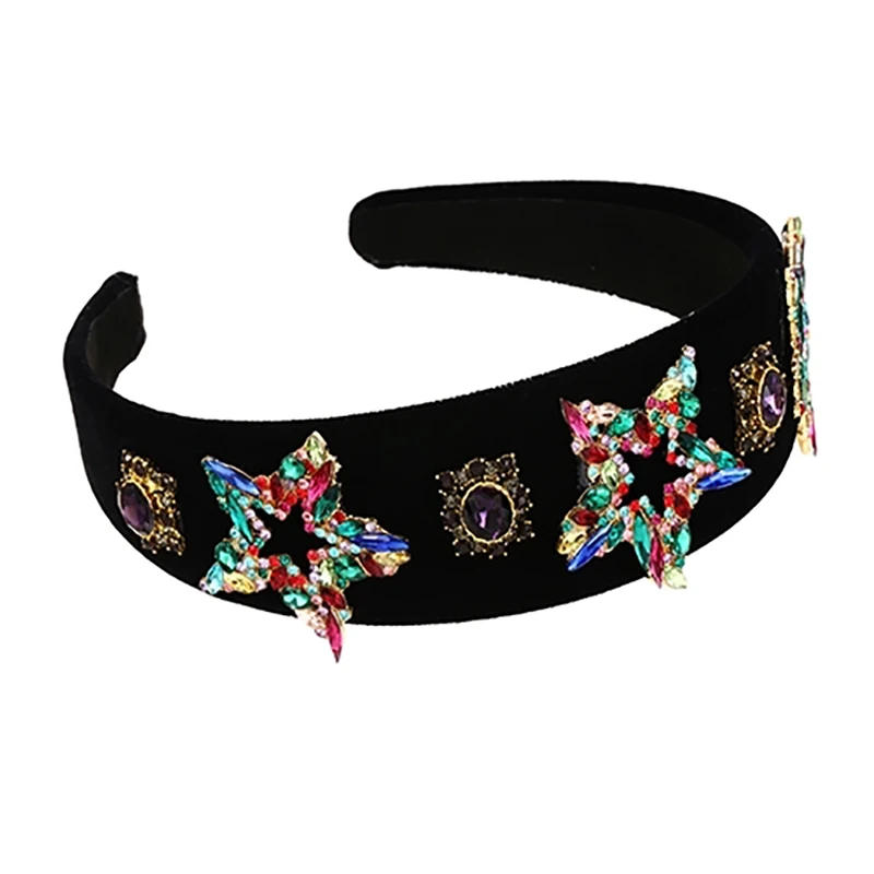 

ZHINI 2022 Personality Black Color Suede Wide Headbands for Women Simple Cute Colorful Crystal Star Handmade Hiar Accessories