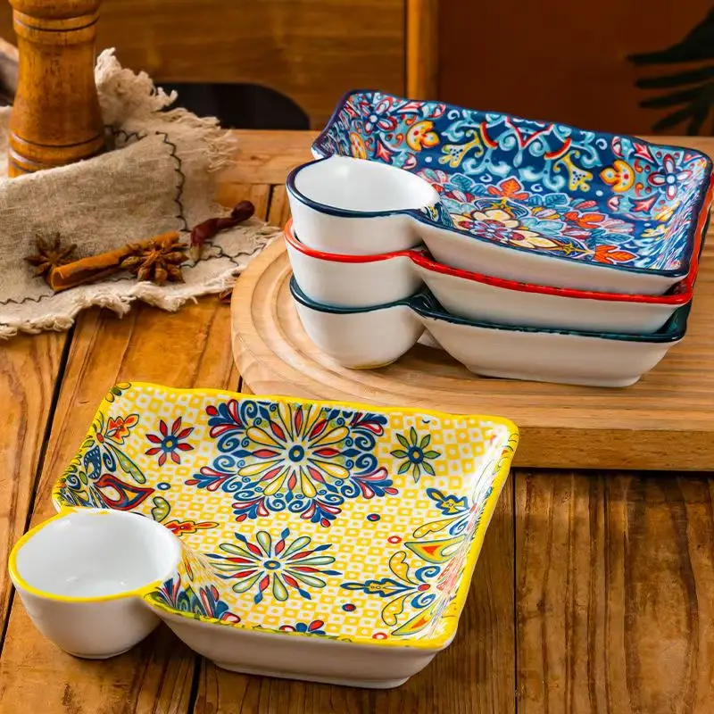 7.5Inch Bohemian Ceramic Plate Sushi Dish Set Sauce Dishes Decorative Dinner Plates Serving Trays for Dumplings Breakfast Fruits