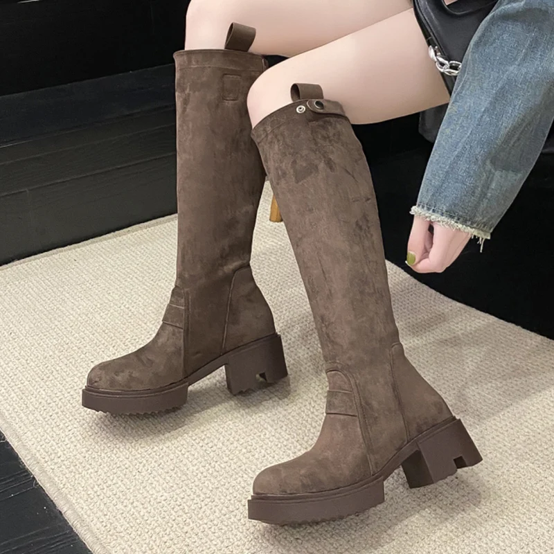 

Rimocy 2023 Autumn Brown Flock Long Boots Women Fashion Buckle Strap Knee-High Boots Woman Thick Platform High Heels Botas Mujer