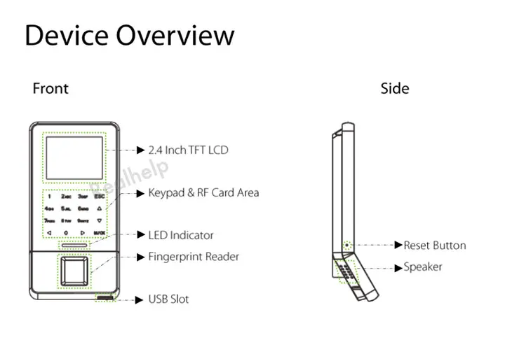 Přední pohled na fingerprint attendance terminal