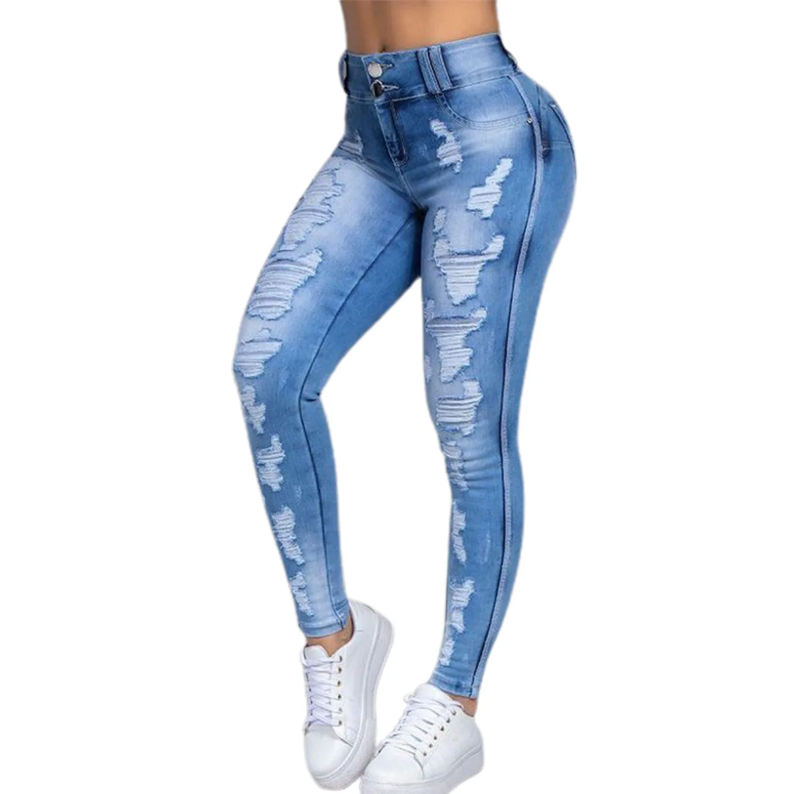 Sexyshine Women's High Waisted Skinny Jeans - Distressed Ripped Hole Denim Pants, Stretch Pencil Fit, Light Blue