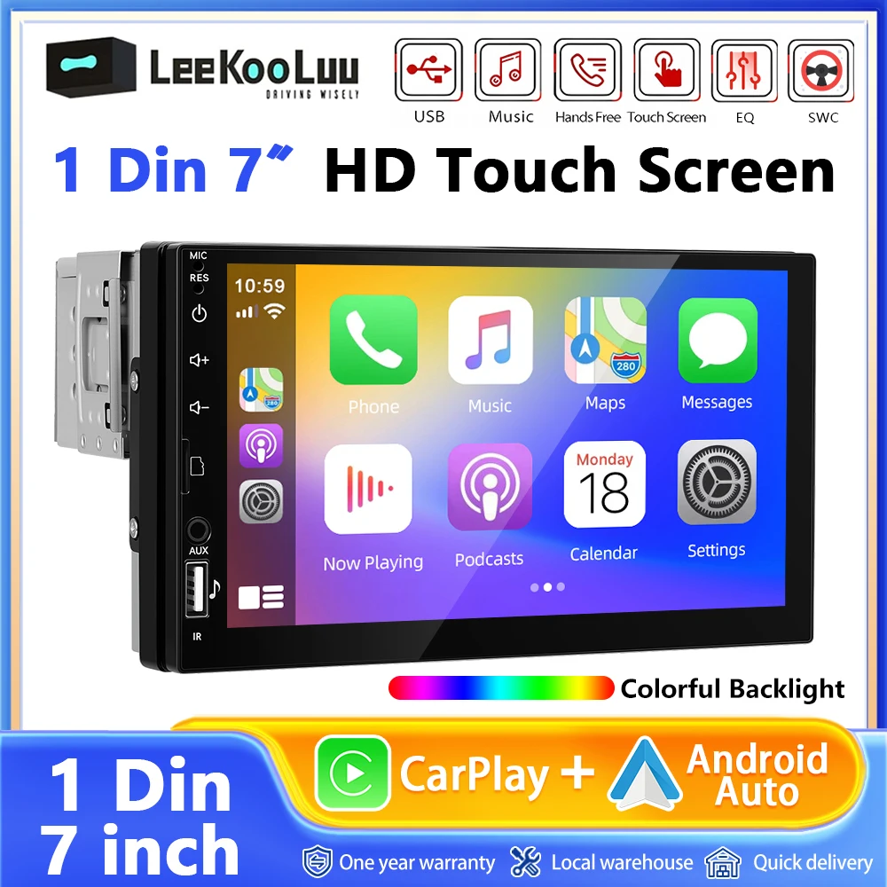 LeeKooLuu 1 Din 7 "HD Universal reproductor MP5 para coche Bluetooth Radio FM inalámbrico Carplay Android Auto reproductor Multimedia USB/SD/AUX-IN 1