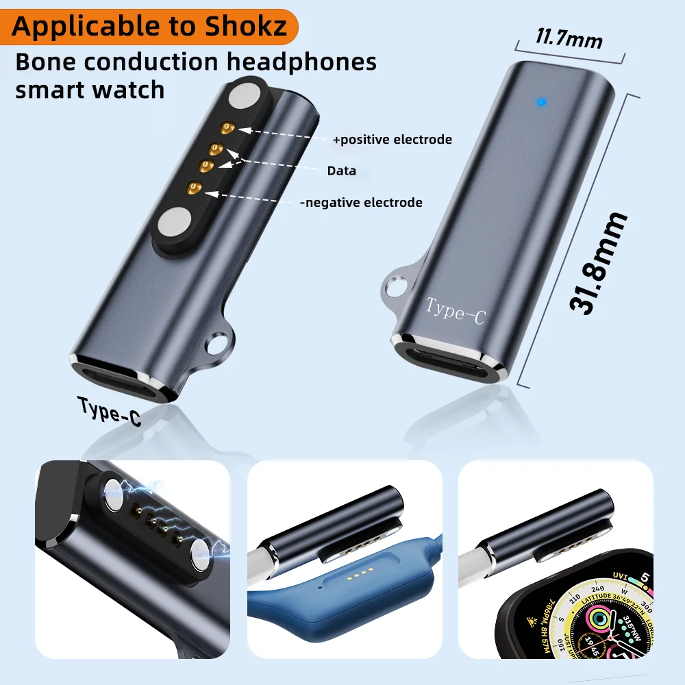 Type-c 7.62mm 2핀 4핀 자기 충전 어댑터 커넥터 Shokz 골전도 헤드폰용 스마트 시계 충전 변환기