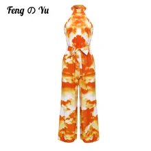 

Sexy Skinny Jumpsuit Off-Shoulder Chest-Wrapped High-Waist Pants Summer Beach Party Jumpsuit Elastic Waist Printed Tie Overalls