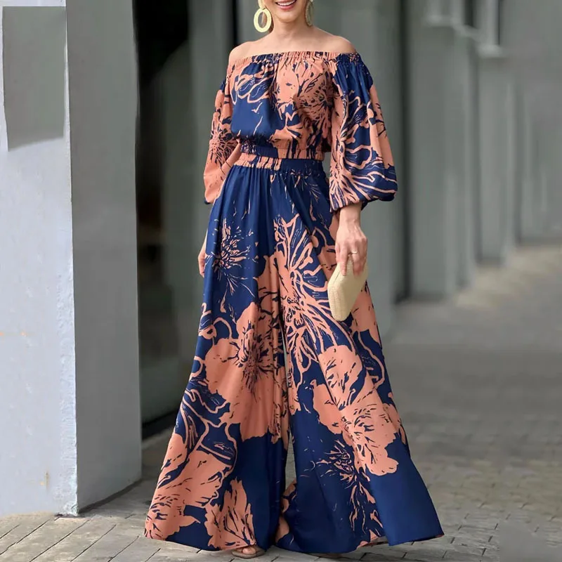 

Printed Two Piece Set Women One Shoulder Cropped Top High Waist Loose Wide Leg Pants Lady Sets Vintage Commuting 2023 Autumn New